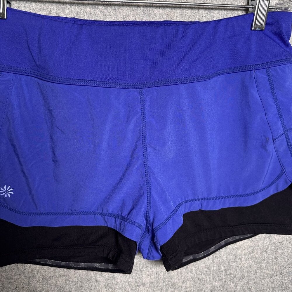 Athleta Medium Womens Running Shorts Biker Blue Black Gym Elastic Pull On - Picture 5 of 16